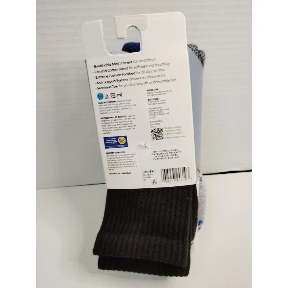 Hanes Absolute Comfort Mid Crew Socks Cushioned Arch Support 3pr 6-12 B/G/B